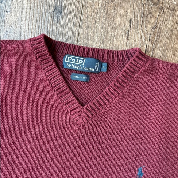 Polo Ralph Lauren V-Neck Burgandy Sweater 100% Cotton Men's Size L - Picture 4 of 12
